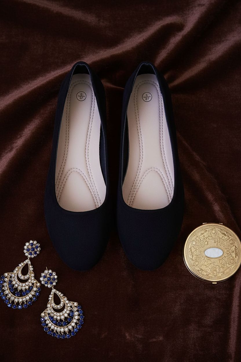 Black round toe ballet flats with comfortable cushioned sole, ideal for work and casual wear โ view 7a