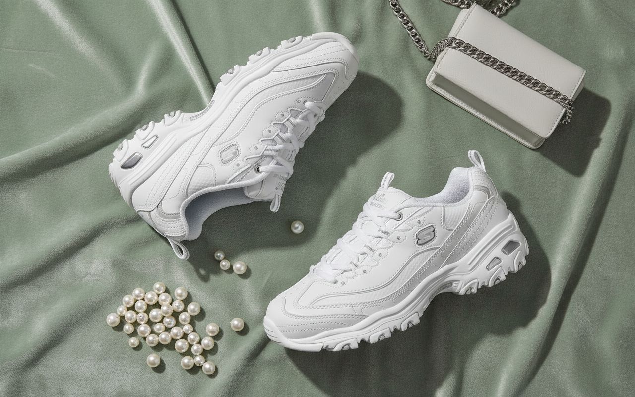 Skechers Women's D'Lites Fresh Start memory foam lace-up sneaker in white, featuring cushioned sole and sporty design for everyday comfort โ view 7a