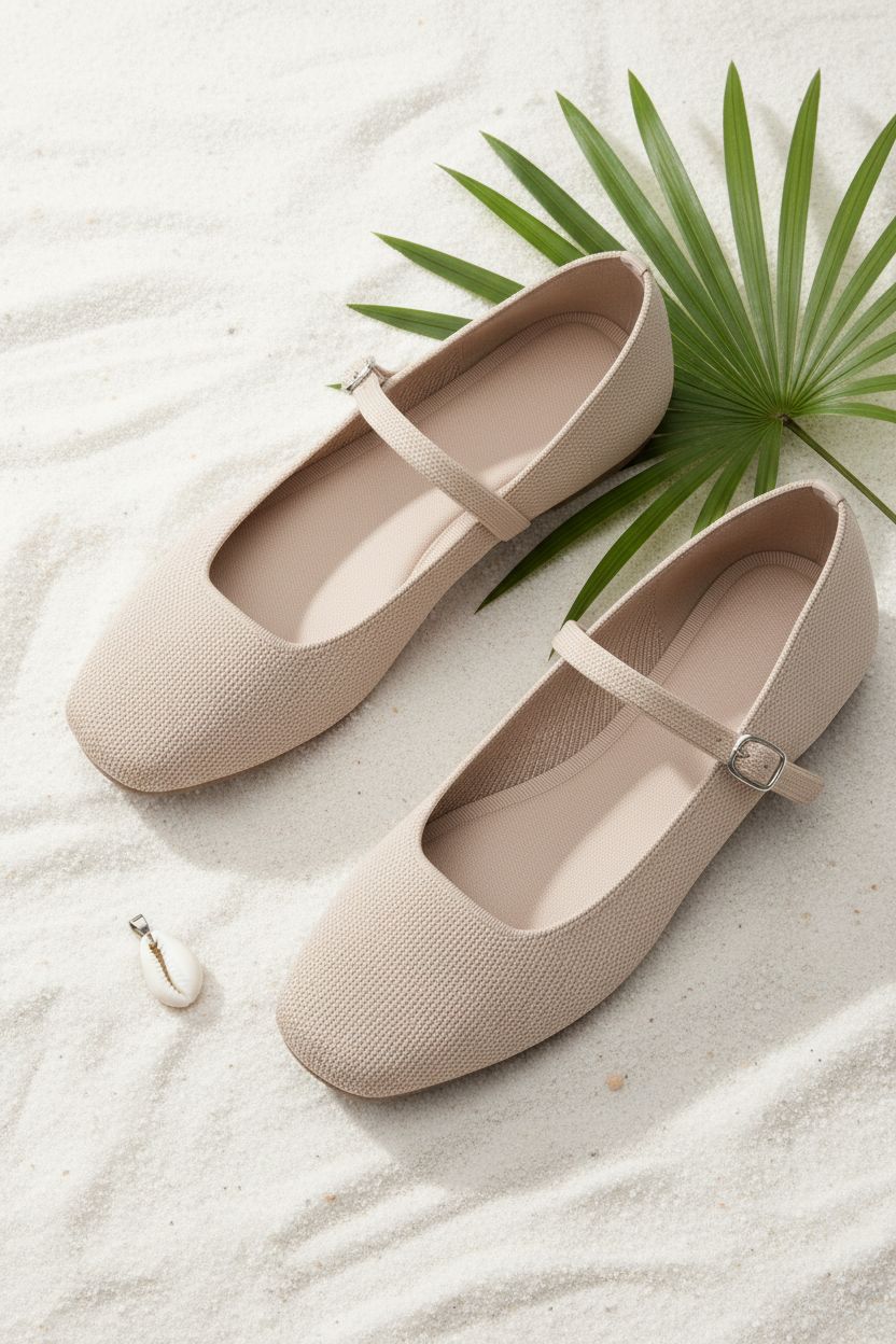 Neutral knit square toe flat with ankle strap and minimalist design, shown from the side — view 7a