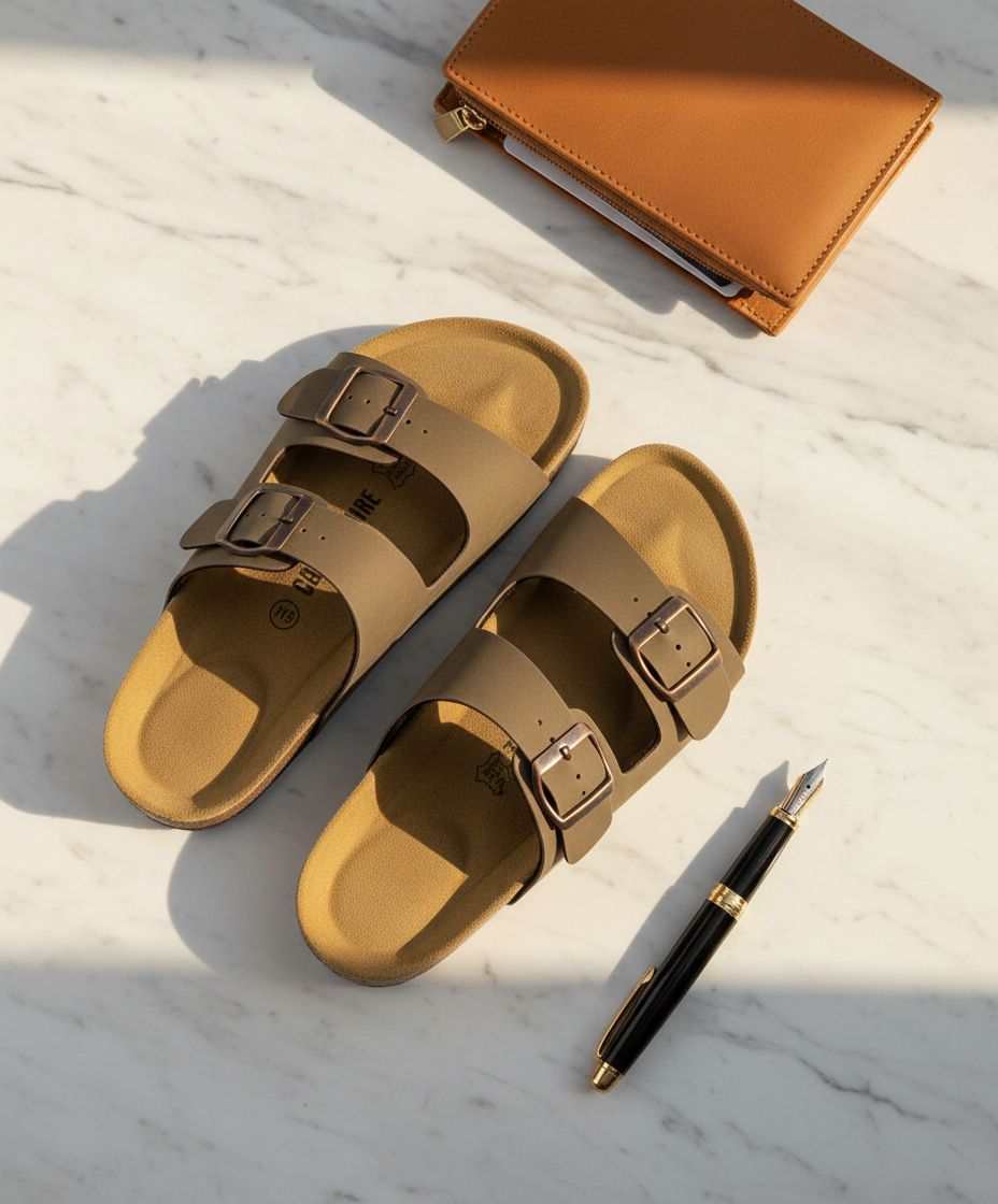 CUSHIONAIRE Lane cork footbed womens sandals in tan with double buckle straps and arch support, displayed from the side โ view 7a