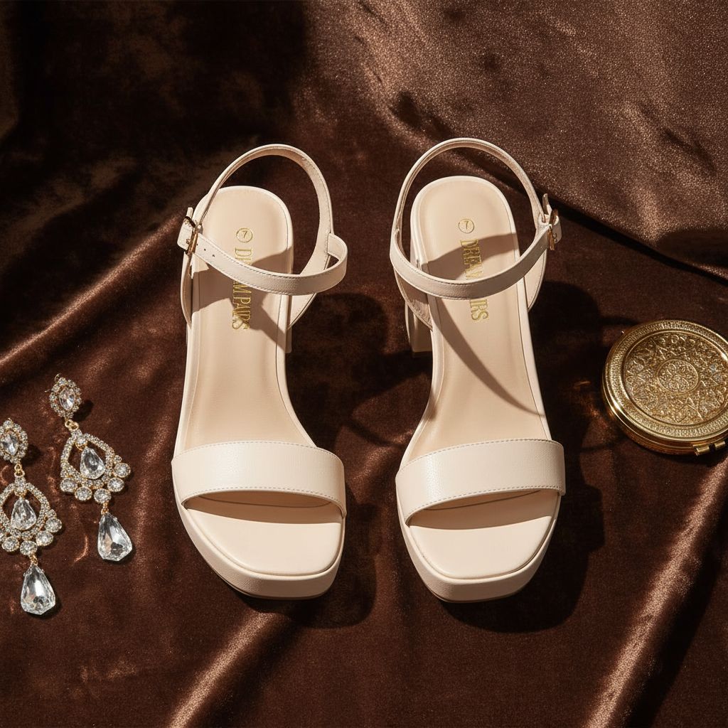 Neutral block platform heels with open toe and ankle strap, designed for wedding guests and prom wear โ view 7a