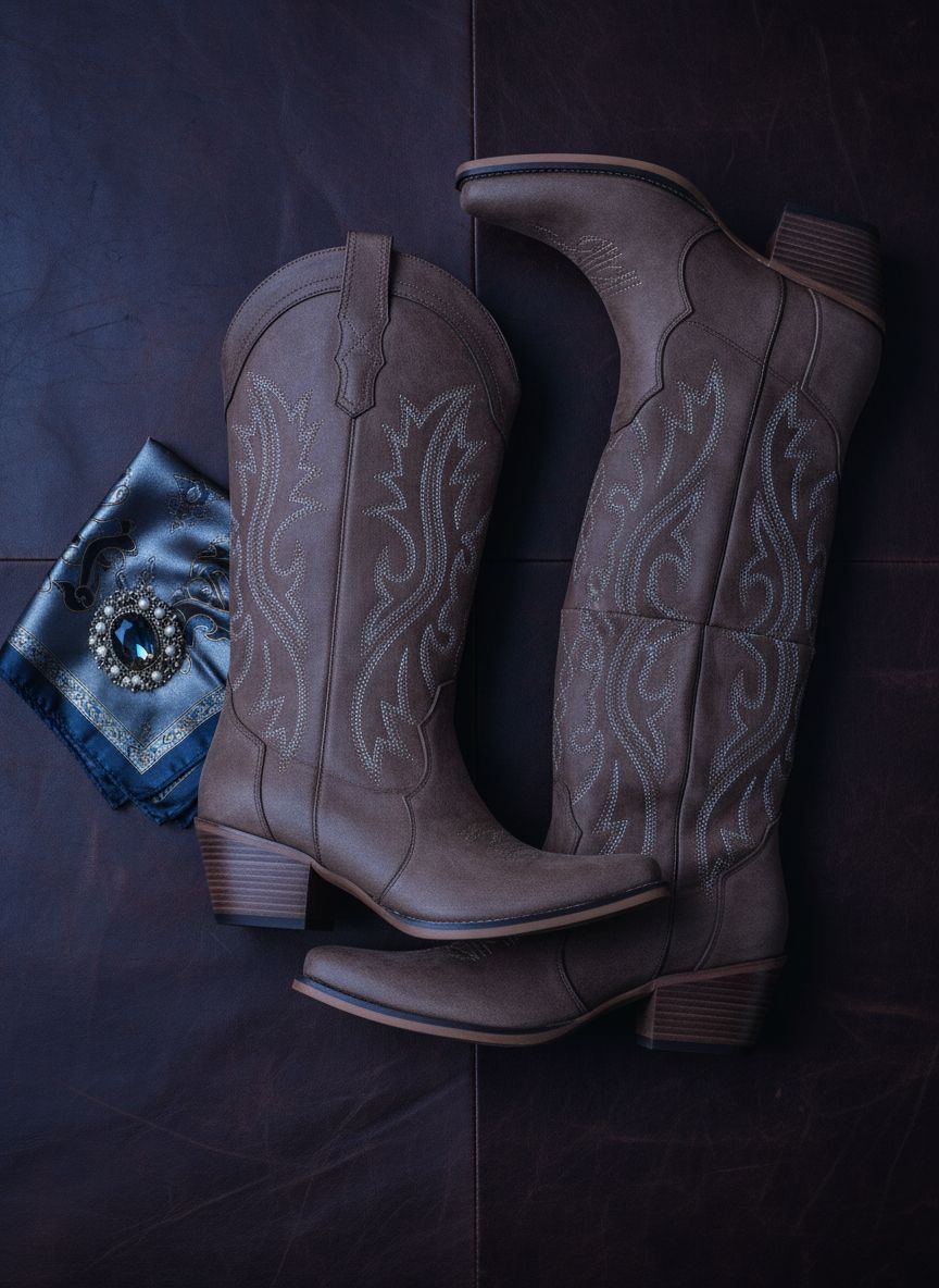 Neutral western cowboy boots for women featuring a chunky heel, mid-calf height, and snip toe design — view 7a