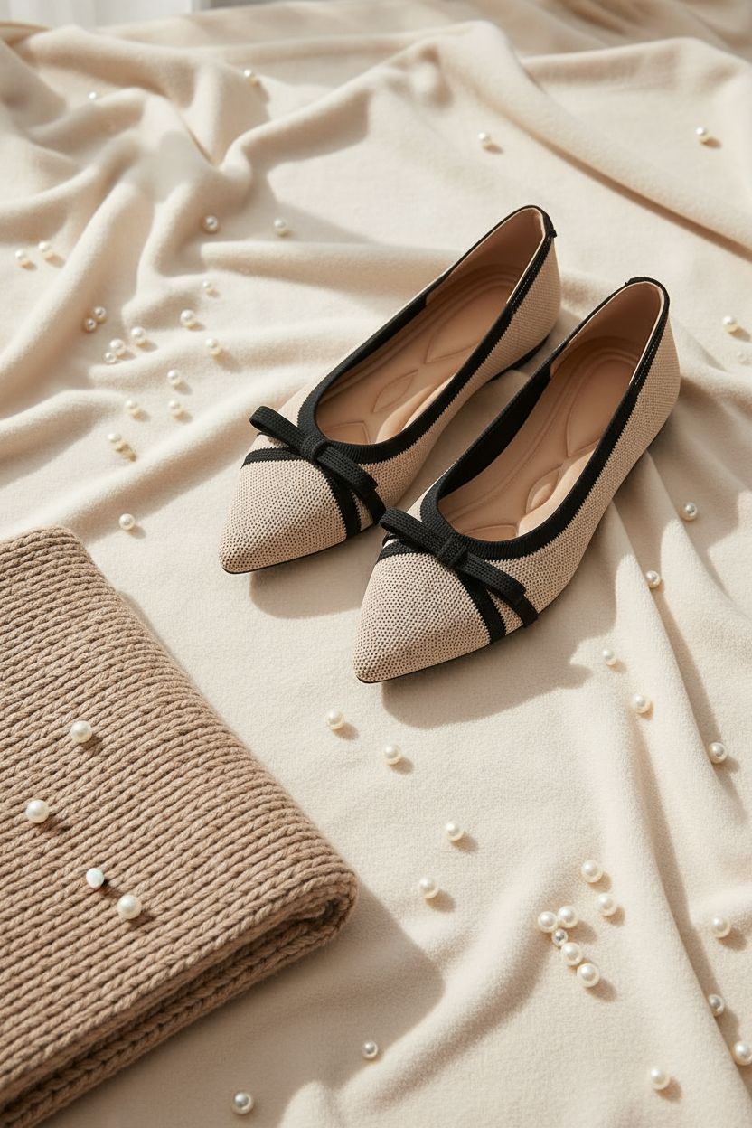 Neutral pointed-toe knit flats with slip-on design, displayed on white background — view 7a