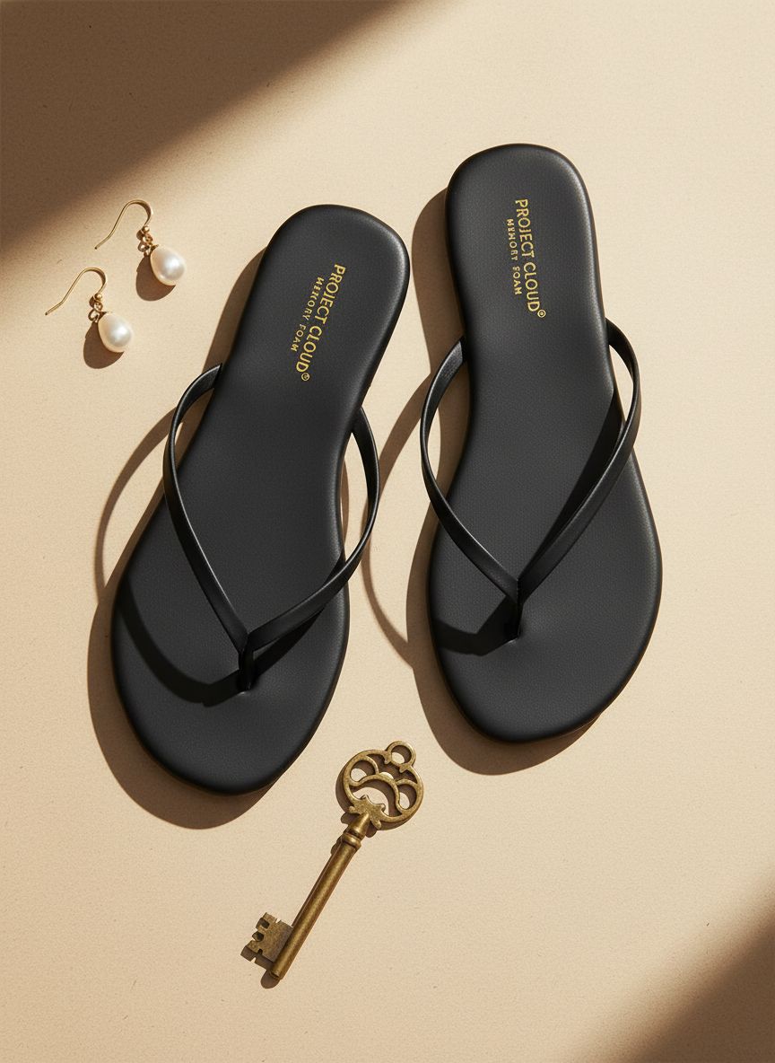Neutral memory foam flip flops for women with non-slip soles, shown from the side on a sandy beach background โ view 7a