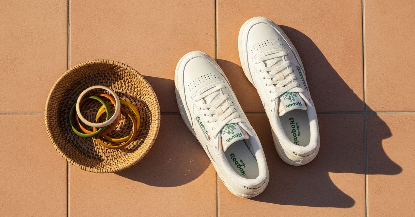 Reebok men's classic leather sneaker in white and navy, featuring the iconic side stripe and cushioned sole for all-day comfort โ view 7a