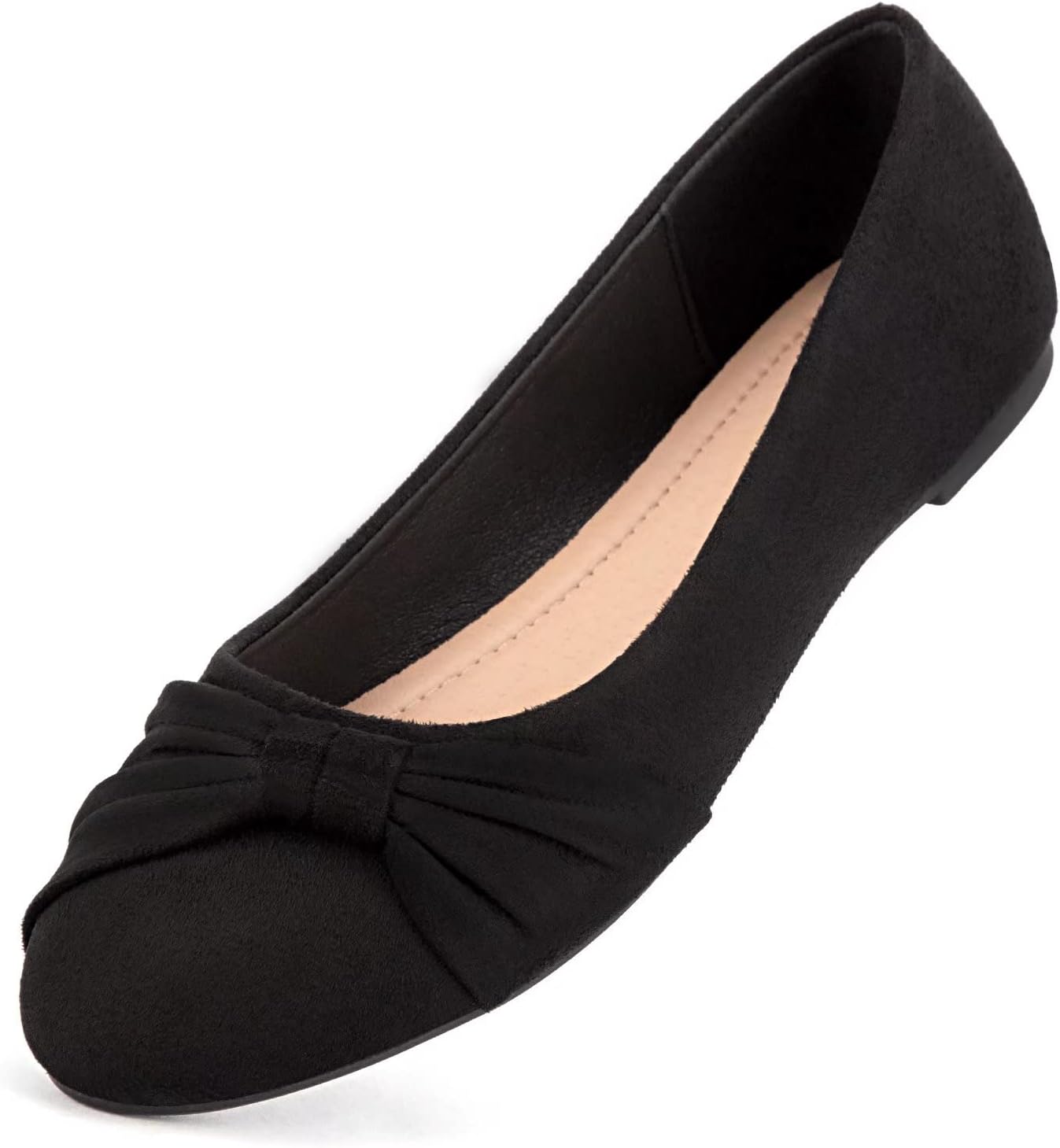 Neutral faux suede round toe ballet flats with slip-on design, ideal for work and travel — view 1