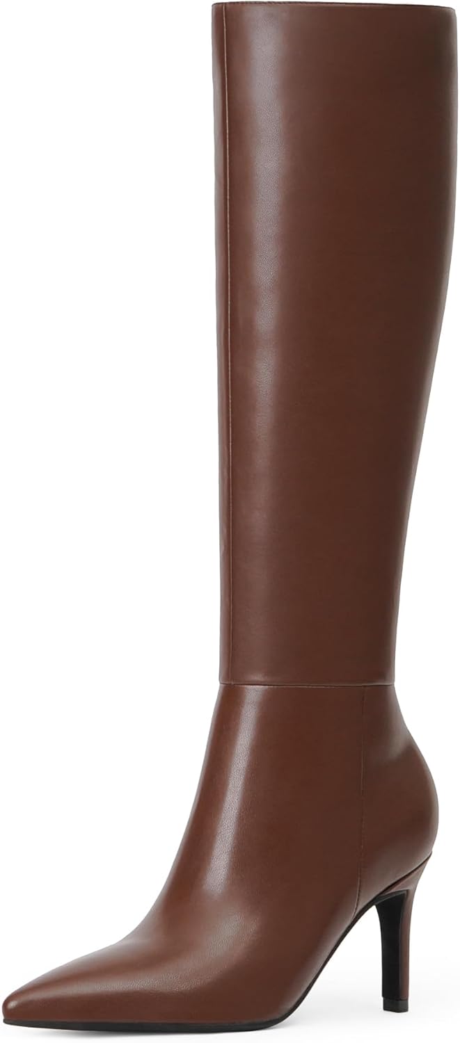 Neutral pointed toe knee high stiletto boots with side zipper and 3-inch heel, displayed against a white background — view 1