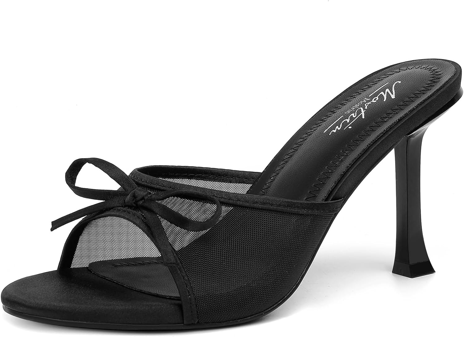 Neutral glam kitten heel mules with round toe and decorative bow, slip-on backless sandal style for parties and casual wear — view 1