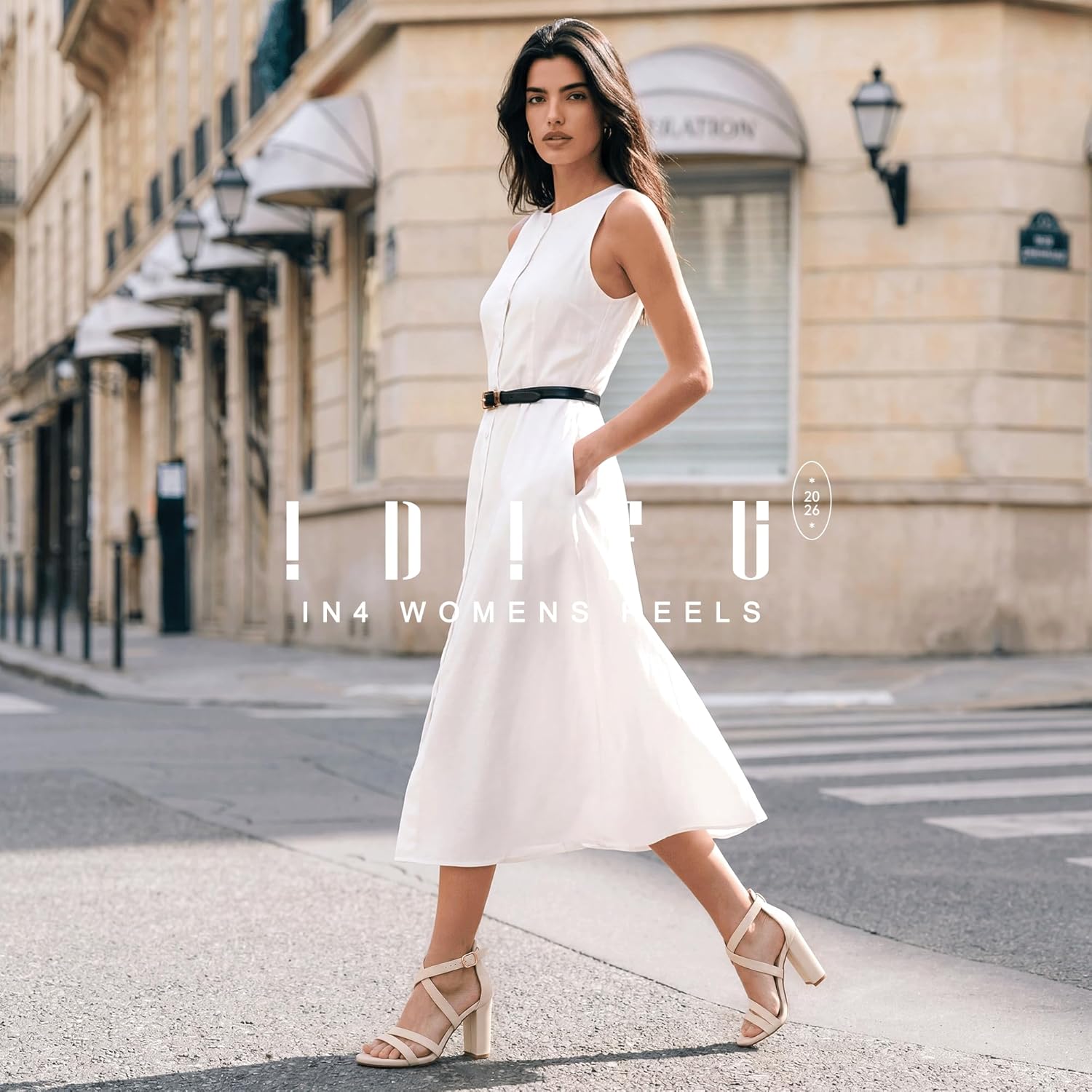 Neutral chunky high heel strappy sandals with ankle strap and open toe design for wedding guests and formal events — view 2