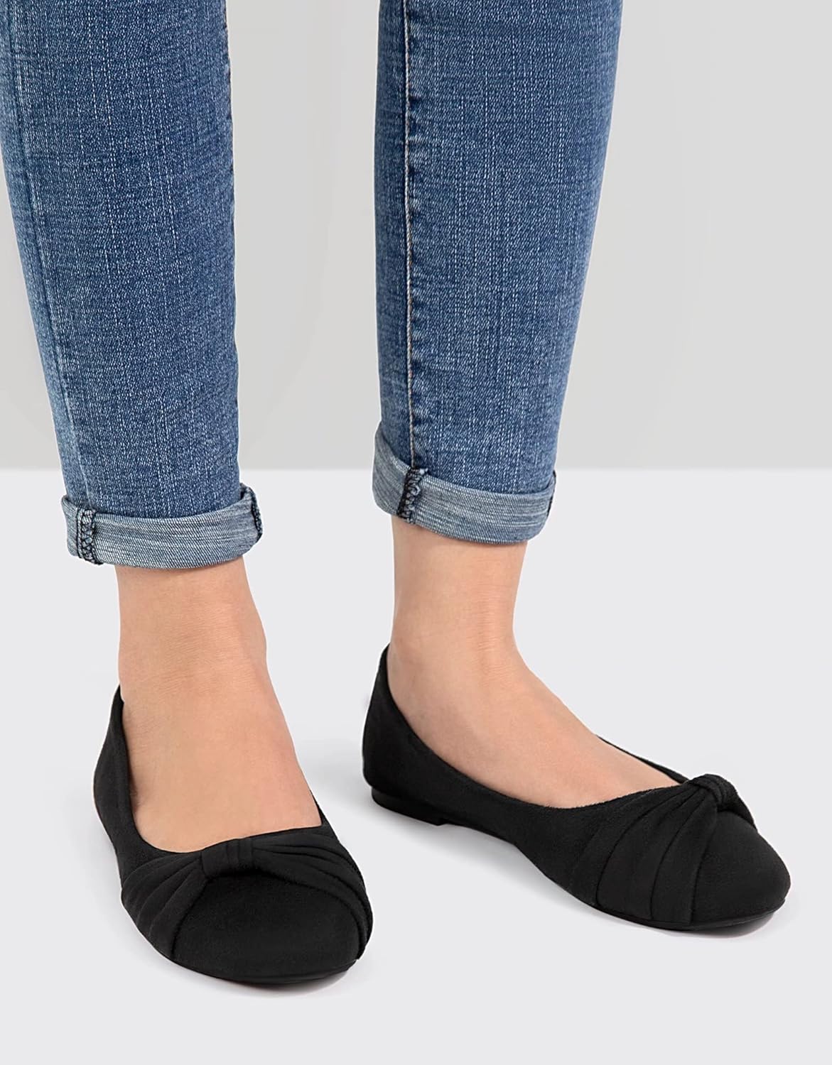 Neutral faux suede round toe ballet flats with slip-on design, ideal for work and travel — view 2