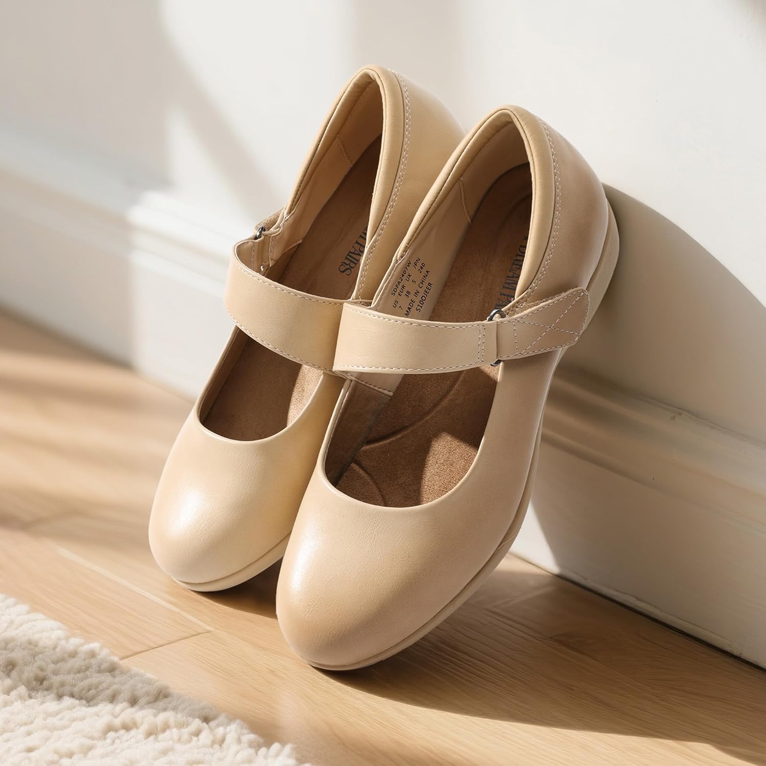 Neutral ballet Mary Jane flats with ankle strap, designed for comfortable office and work wear — back