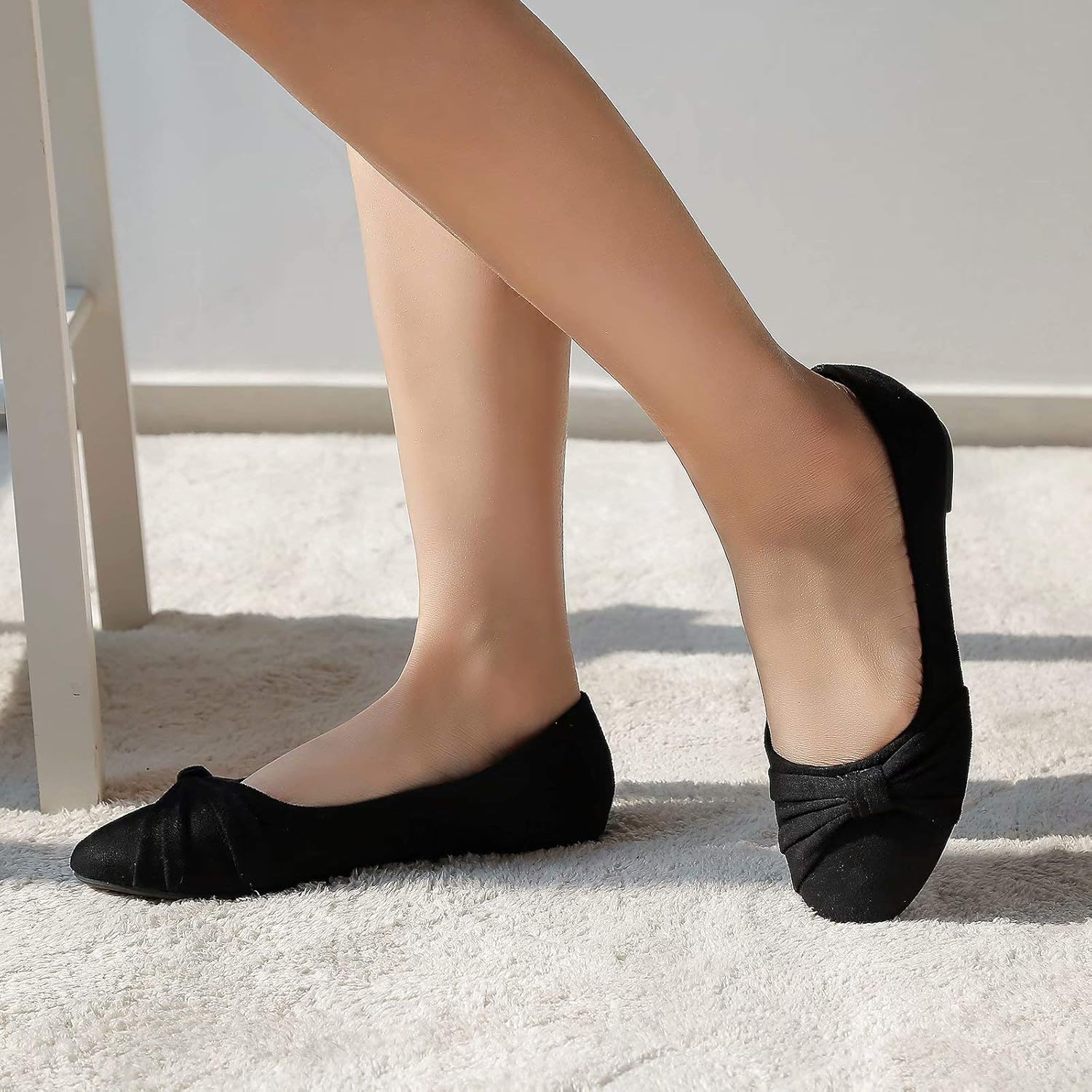 Neutral faux suede round toe ballet flats with slip-on design, ideal for work and travel — view 3