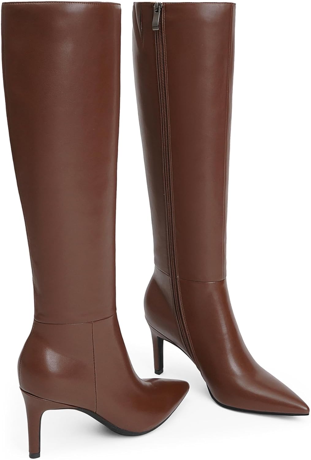 Neutral pointed toe knee high stiletto boots with side zipper and 3-inch heel, displayed against a white background — view 3