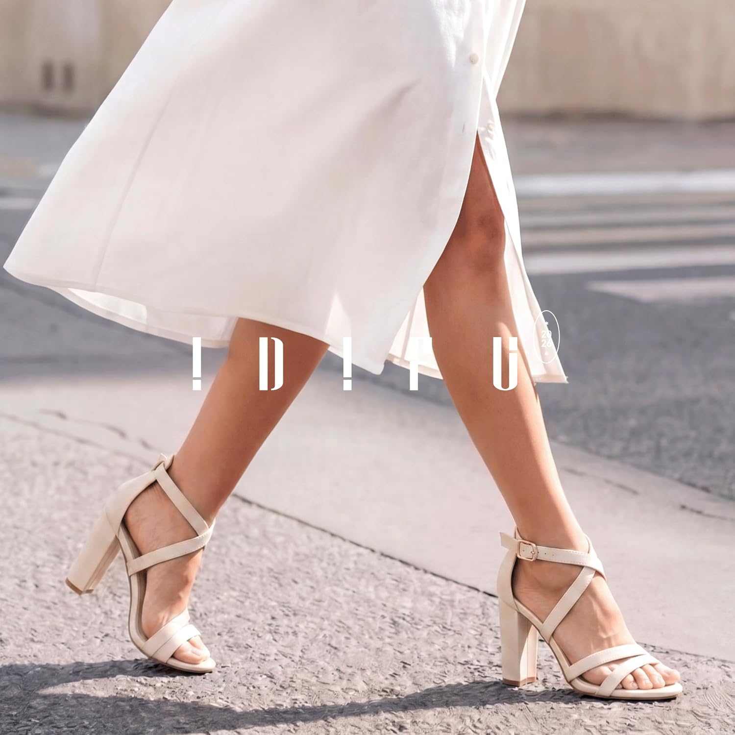 Neutral chunky high heel strappy sandals with ankle strap and open toe design for wedding guests and formal events — view 4