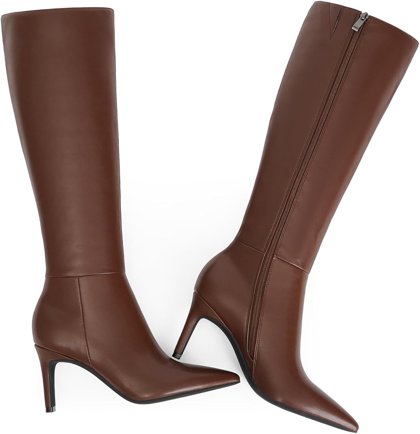 Neutral pointed toe knee high stiletto boots with side zipper and 3-inch heel, displayed against a white background — view 4