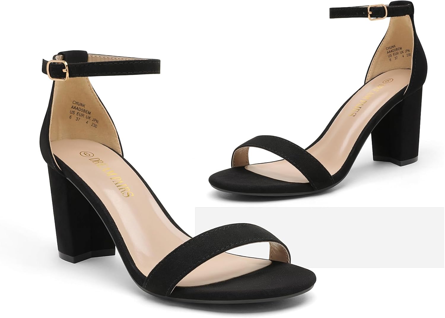 Neutral chunky block heel sandals with open toe and ankle strap, ideal for wedding guest dresses and formal events — detail