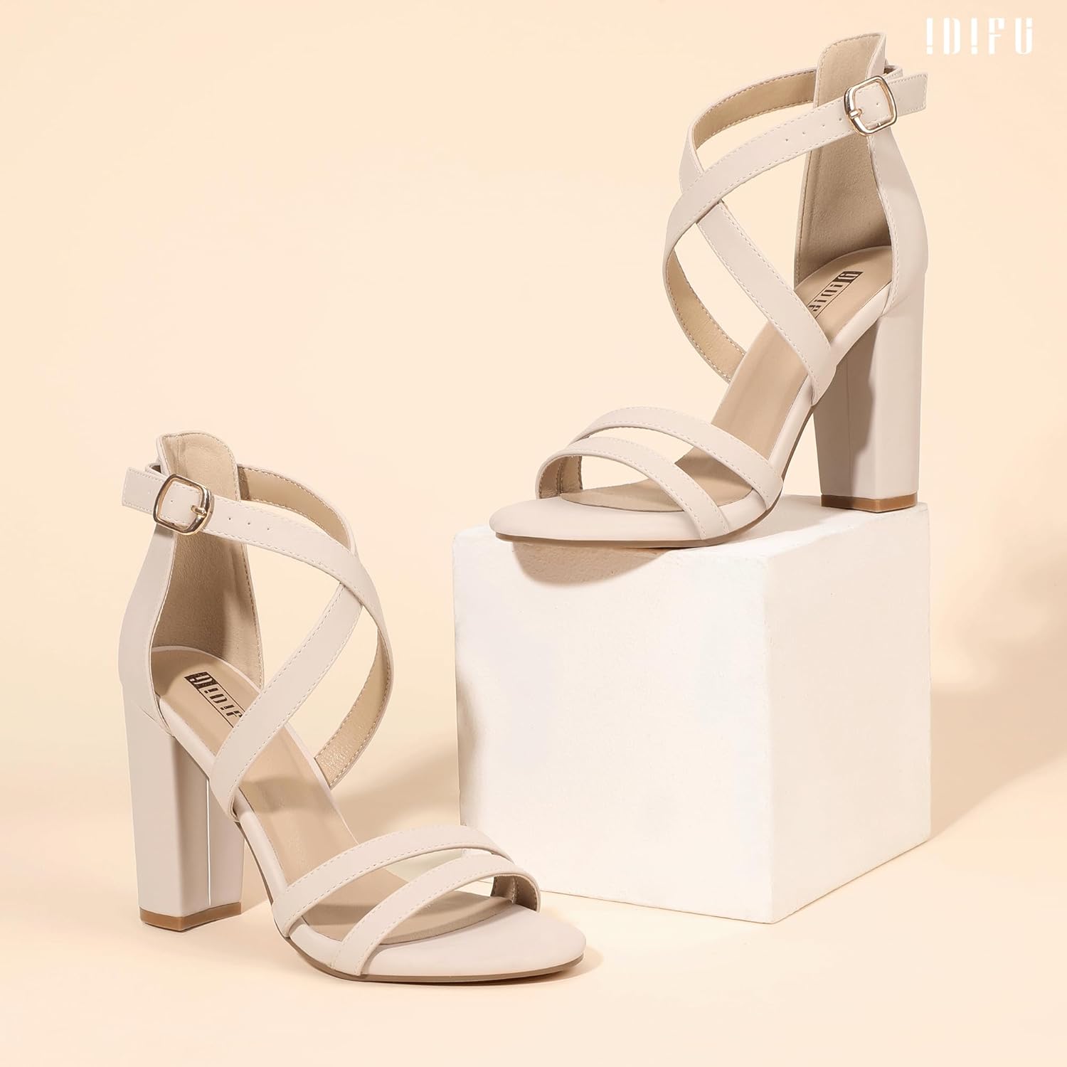Neutral chunky high heel strappy sandals with ankle strap and open toe design for wedding guests and formal events — view 3