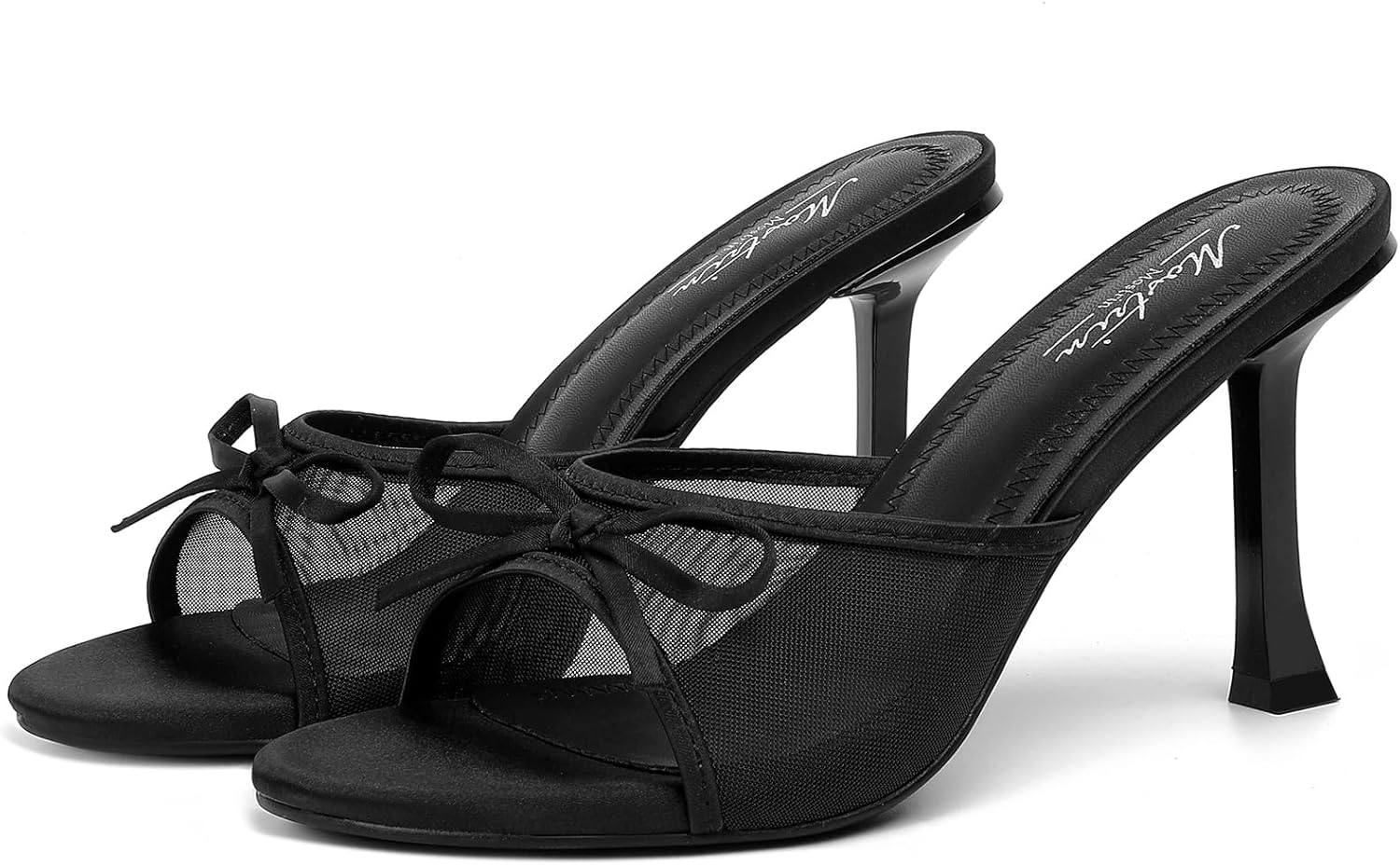 Neutral glam kitten heel mules with round toe and decorative bow, slip-on backless sandal style for parties and casual wear — view 3