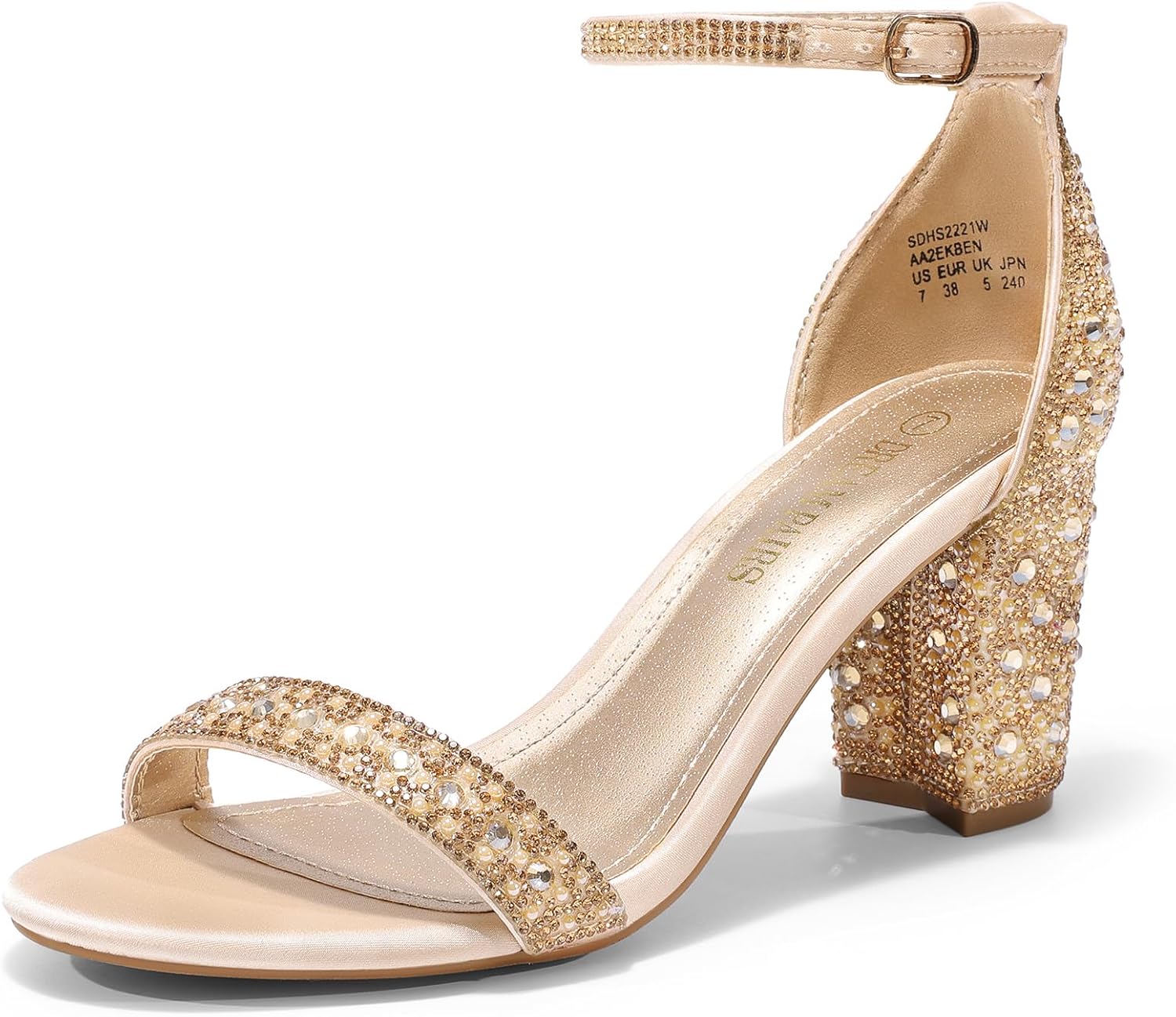 Neutral chunky block heel sandals with open toe and ankle strap, ideal for wedding guest dresses and formal events — view 4