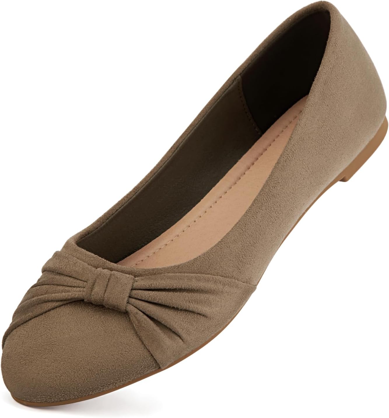 Neutral faux suede round toe ballet flats with slip-on design, ideal for work and travel — view 5