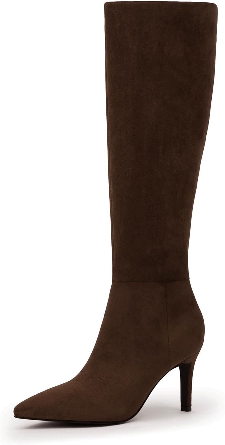 Neutral pointed toe knee high stiletto boots with side zipper and 3-inch heel, displayed against a white background — view 5