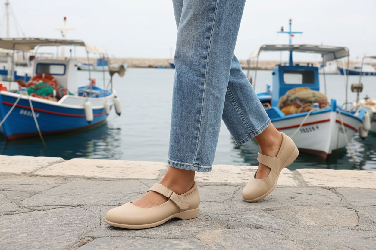 Neutral ballet Mary Jane flats with ankle strap, designed for comfortable office and work wear — view 3a