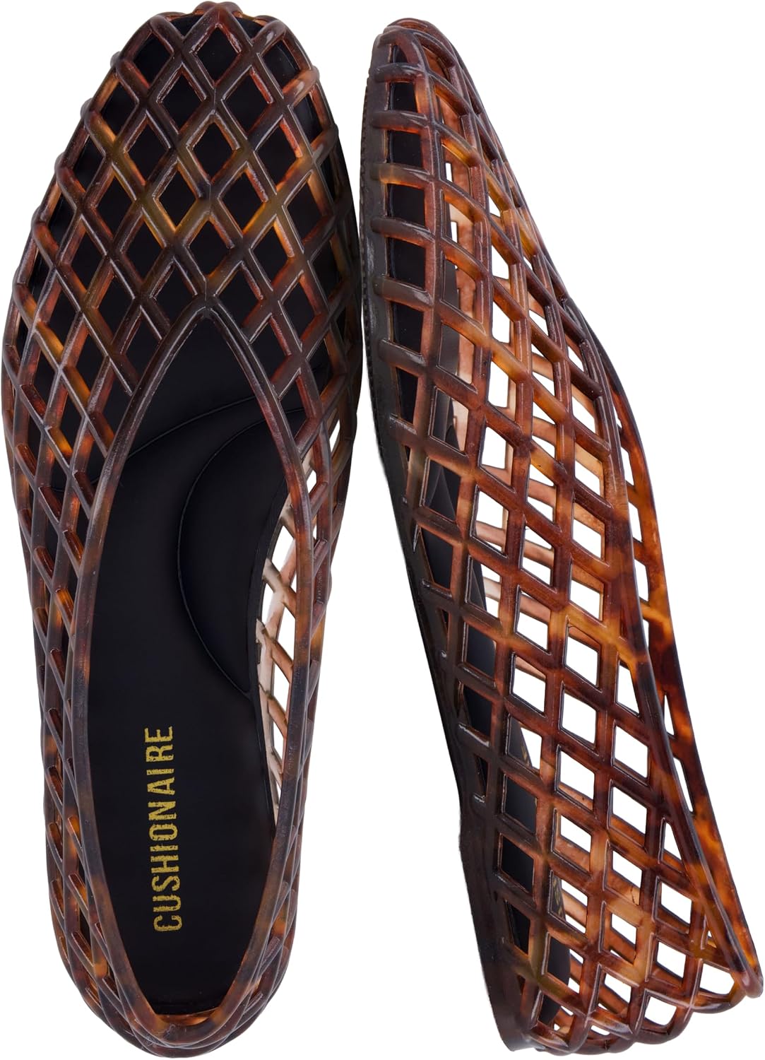 Neutral modern pointed-toe ballet flats with lattice slip-on design, shown from the side on a neutral background — view 1