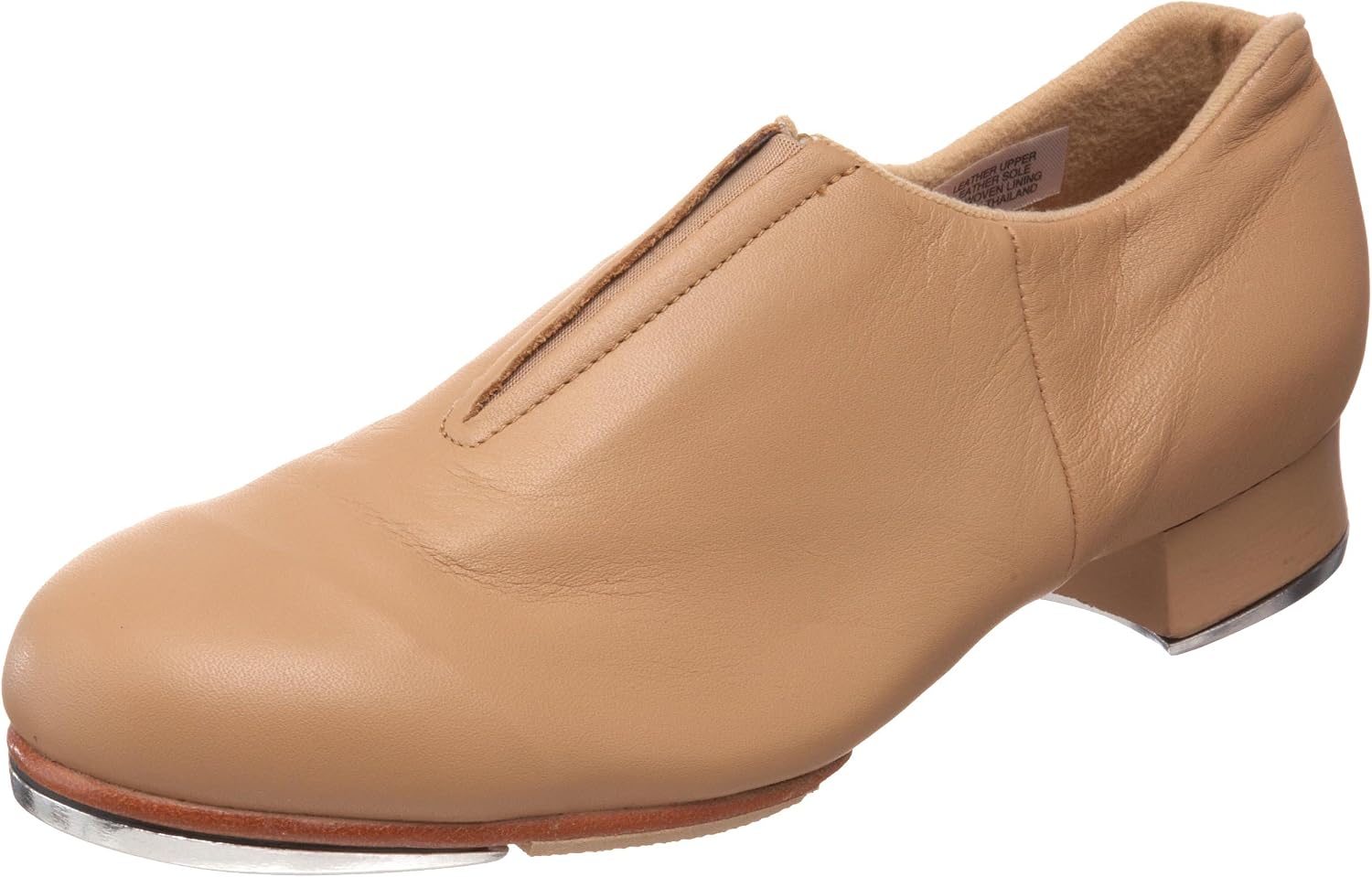 Black leather slip-on tap shoe with flexible sole, displayed on white background — view 1