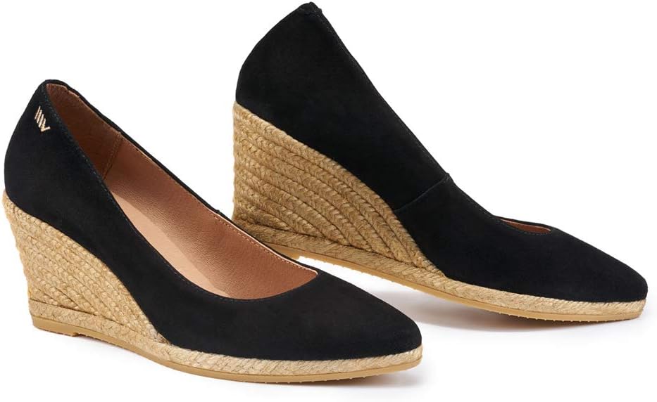 Neutral suede espadrille wedge sandal with natural jute midsole and 2.5-inch heel, shown from the side โ front