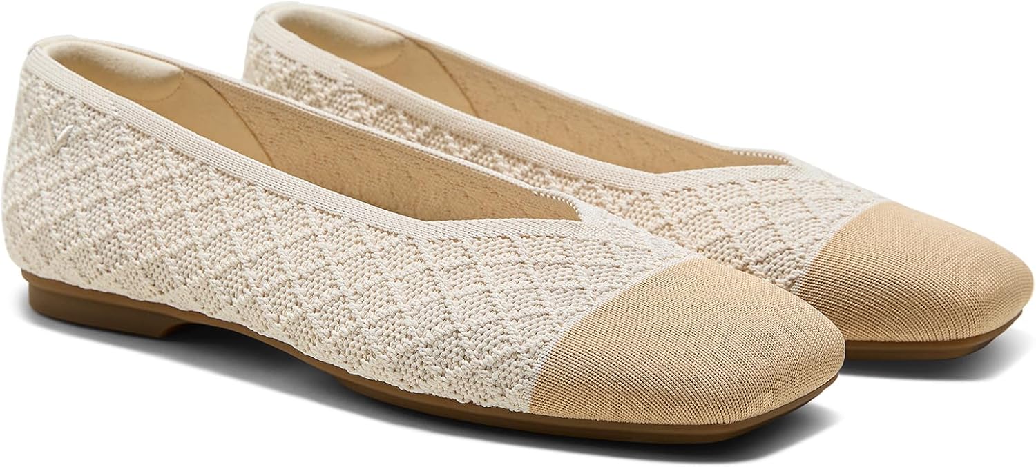 Neutral square-toe ballet flats with V-cut design and minimalist style, displayed on white background — front