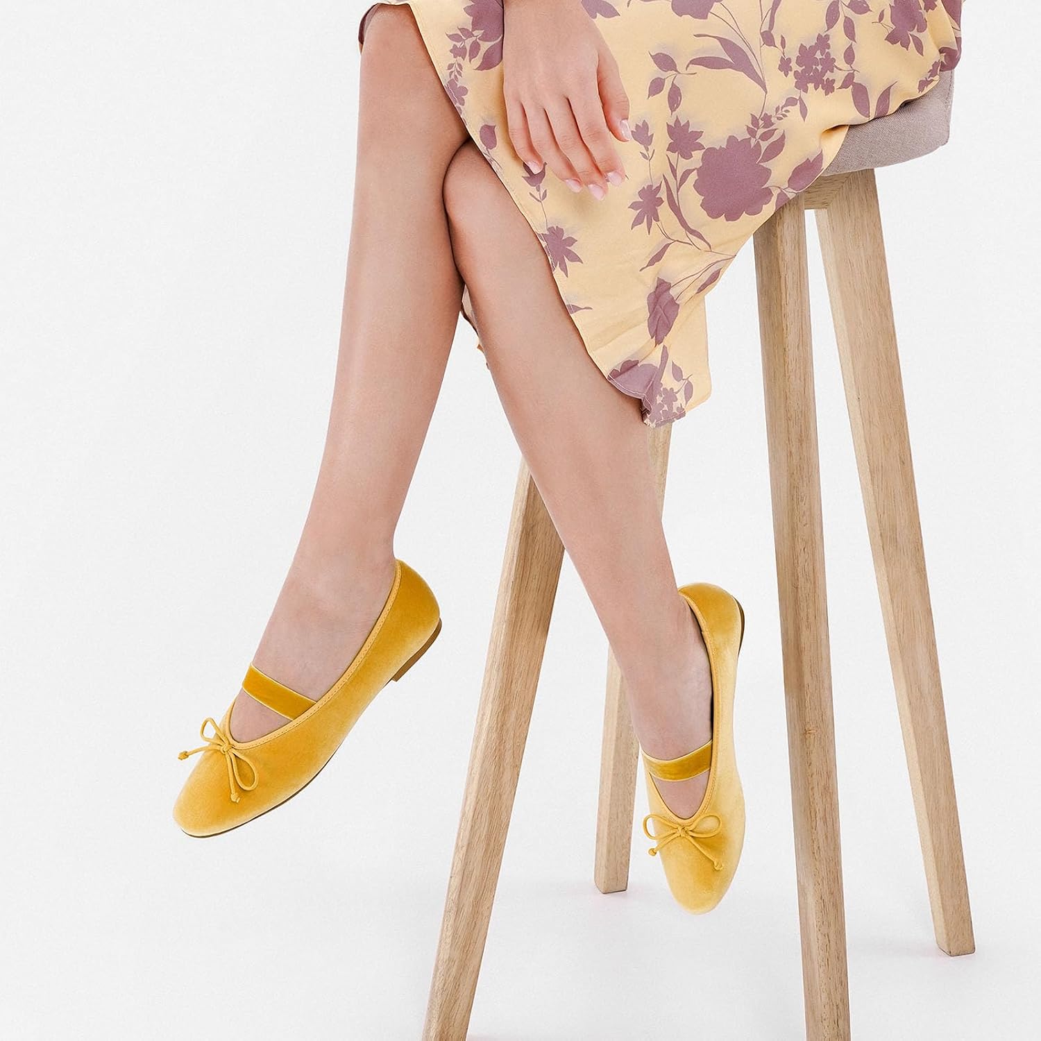 Neutral velvet Mary Jane flats with round toe and ballet flat silhouette for women — view 2