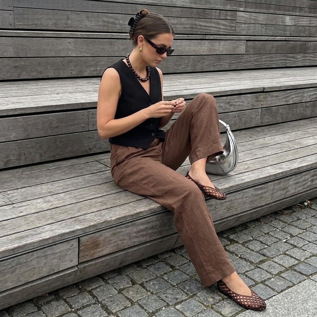 Neutral modern pointed-toe ballet flats with lattice slip-on design, shown from the side on a neutral background — view 2