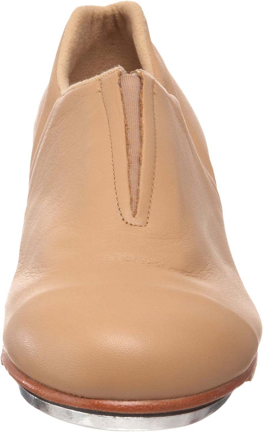 Black leather slip-on tap shoe with flexible sole, displayed on white background — view 2