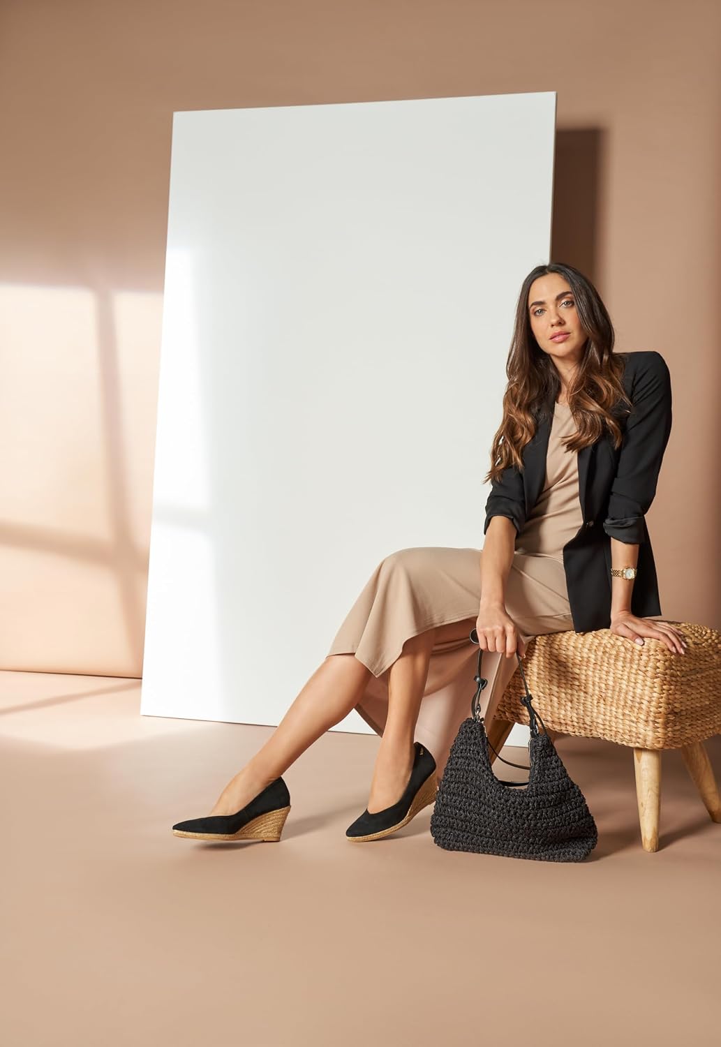 Neutral suede espadrille wedge sandal with natural jute midsole and 2.5-inch heel, shown from the side โ side