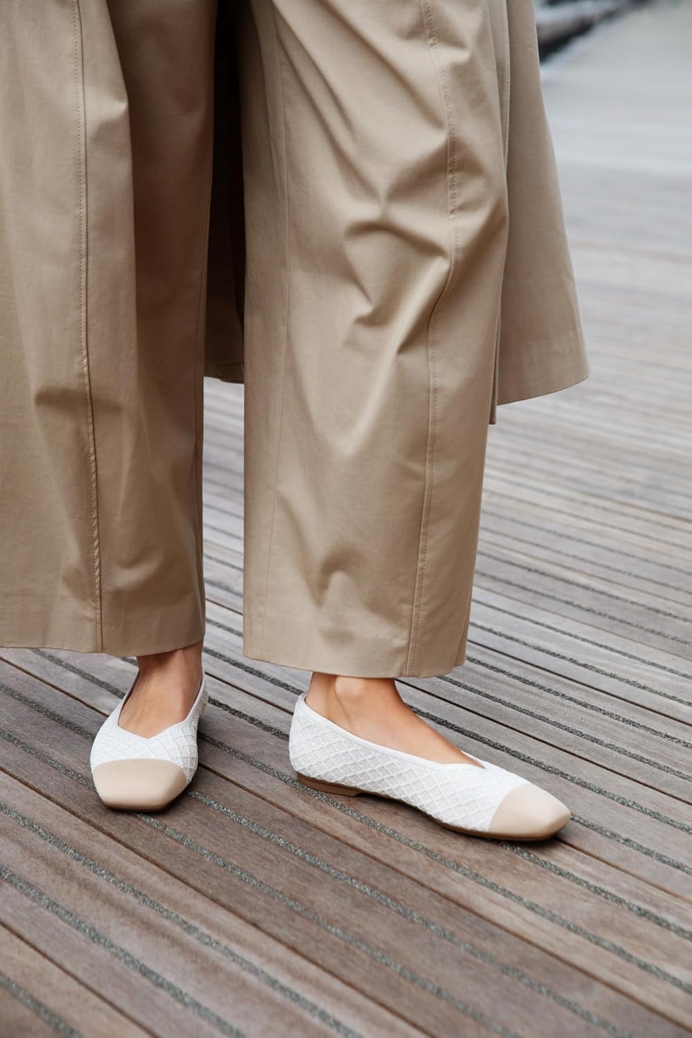 Neutral square-toe ballet flats with V-cut design and minimalist style, displayed on white background — side