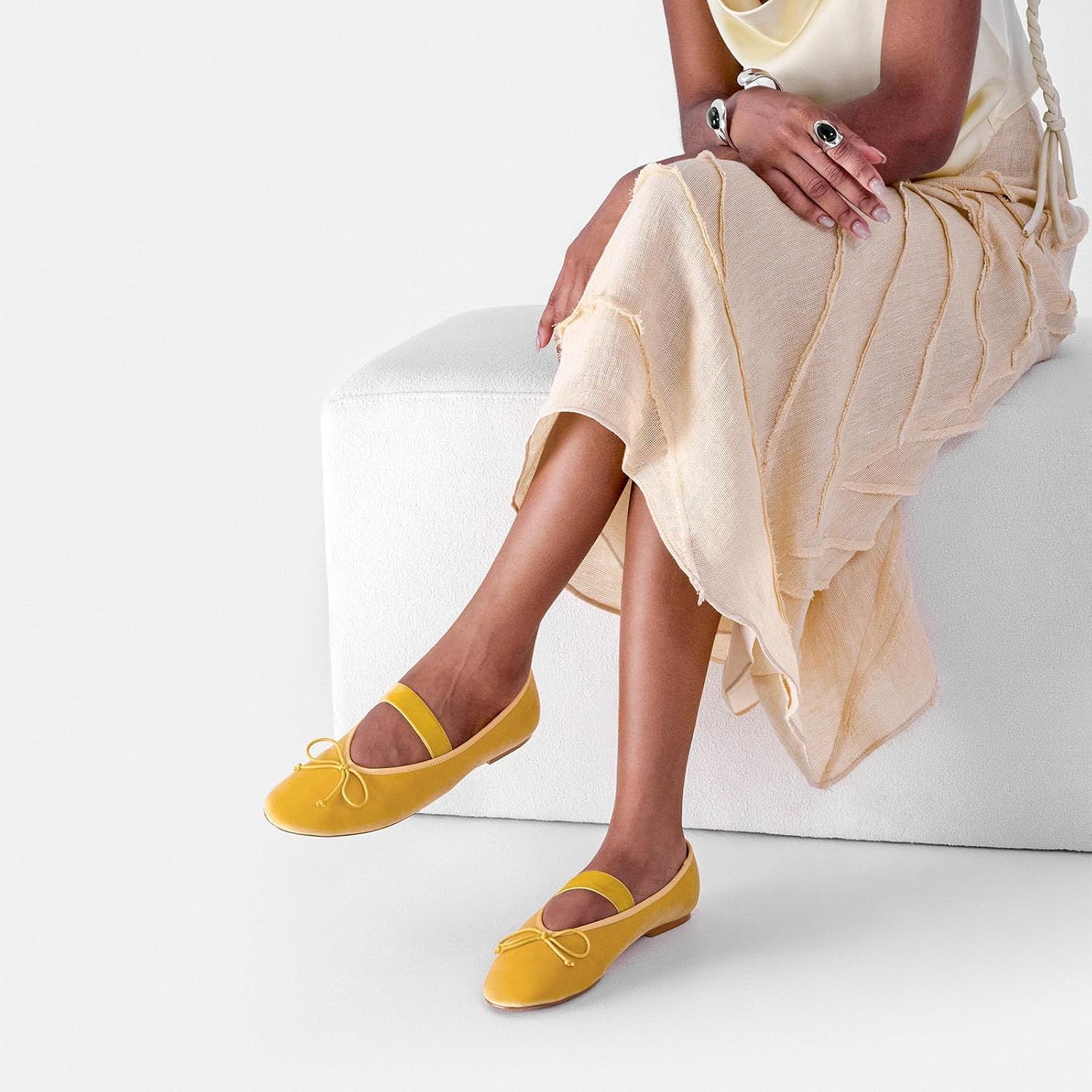 Neutral velvet Mary Jane flats with round toe and ballet flat silhouette for women — view 3