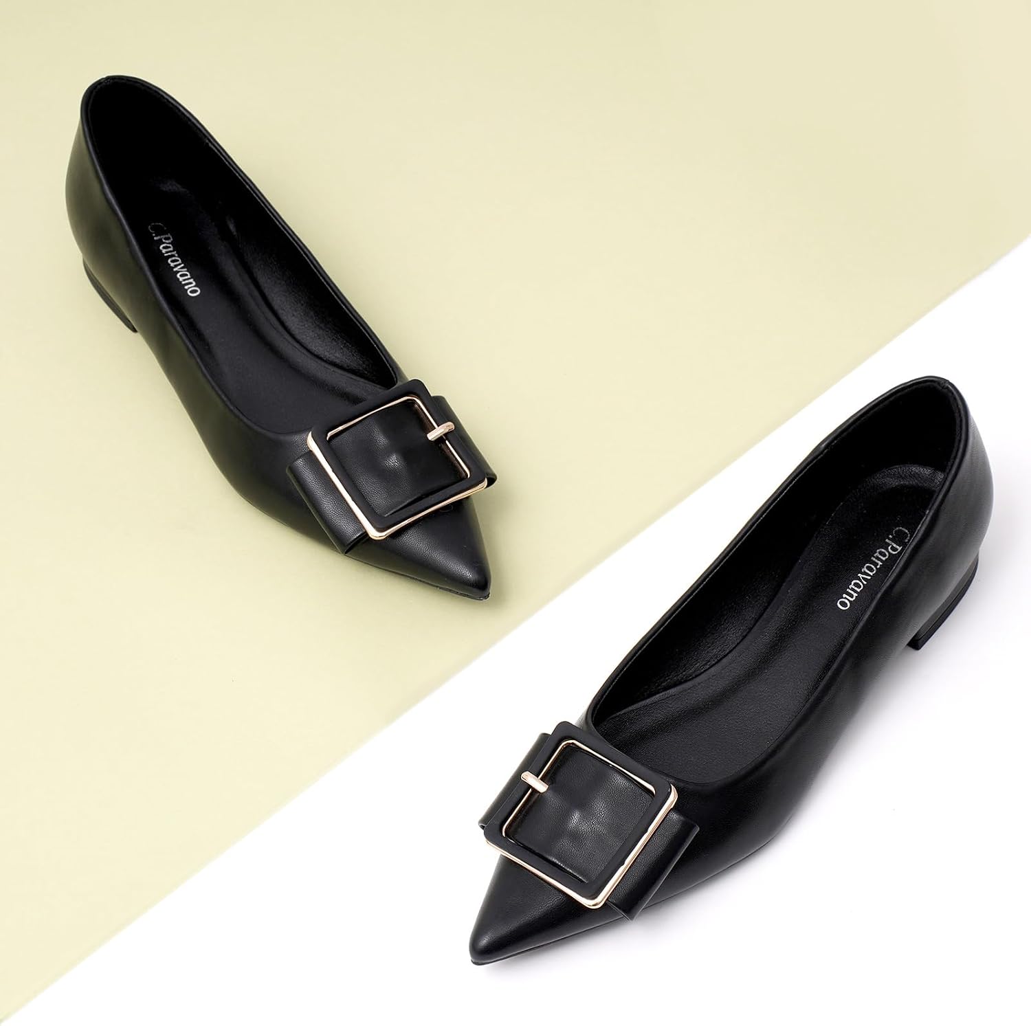 Neutral pointed-toe square buckle ballet flats with slip-on design, displayed on a neutral background — view 3