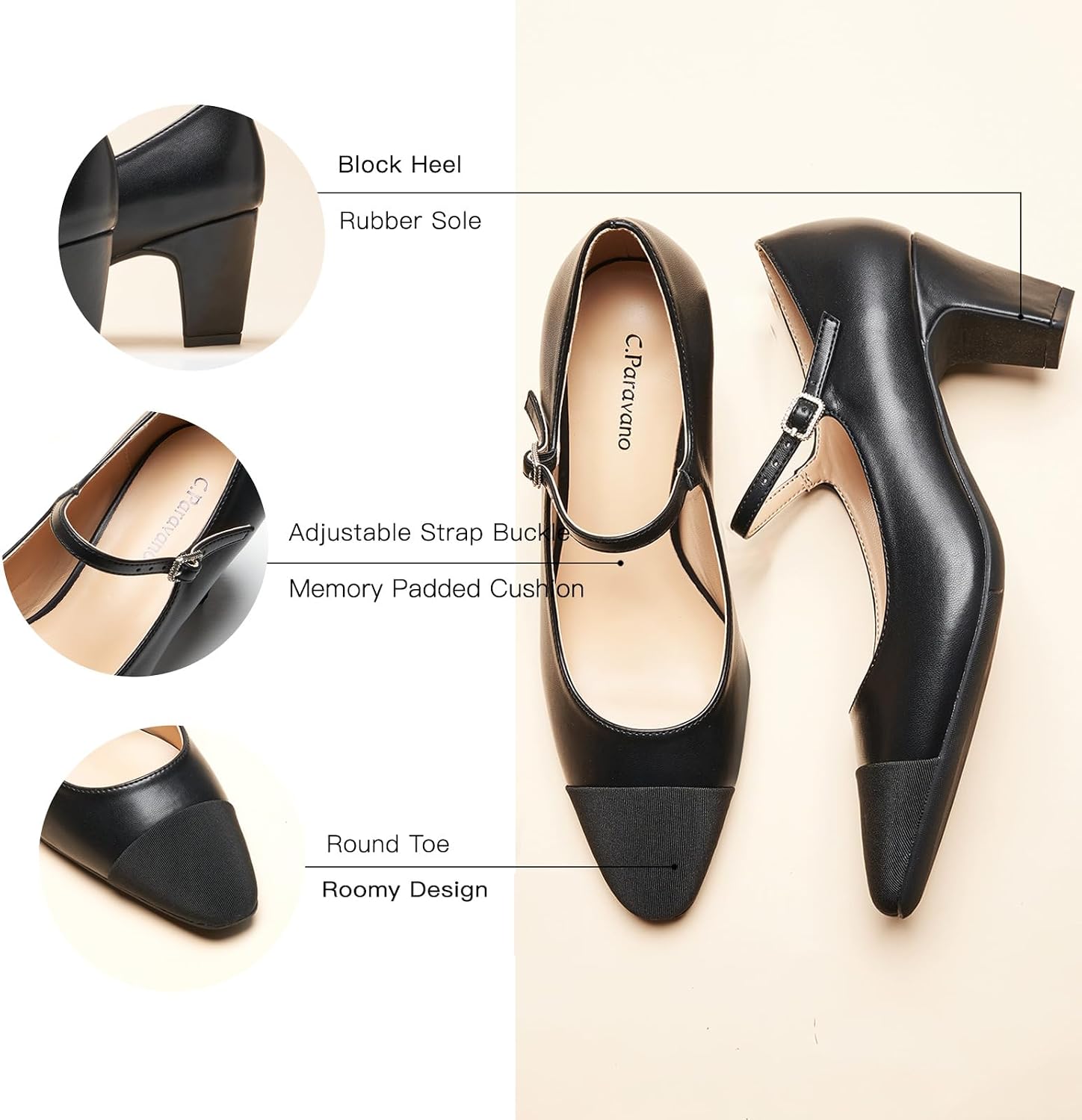 Neutral chunky heel pumps with closed round toe design, featuring a low heel and classic silhouette suitable for work and casual wear — view 4