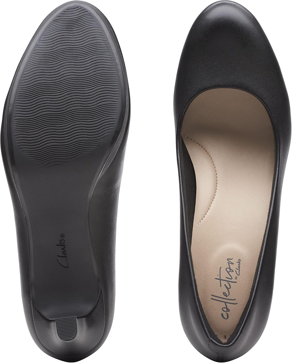 Clarks women's neutral classic pump heel viewed from the side, showing sleek silhouette and polished finish — view 4