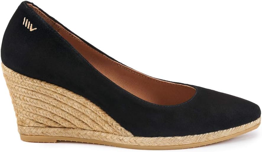 Neutral suede espadrille wedge sandal with natural jute midsole and 2.5-inch heel, shown from the side โ detail