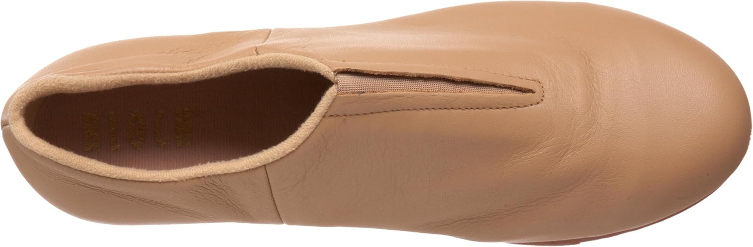 Black leather slip-on tap shoe with flexible sole, displayed on white background — view 2