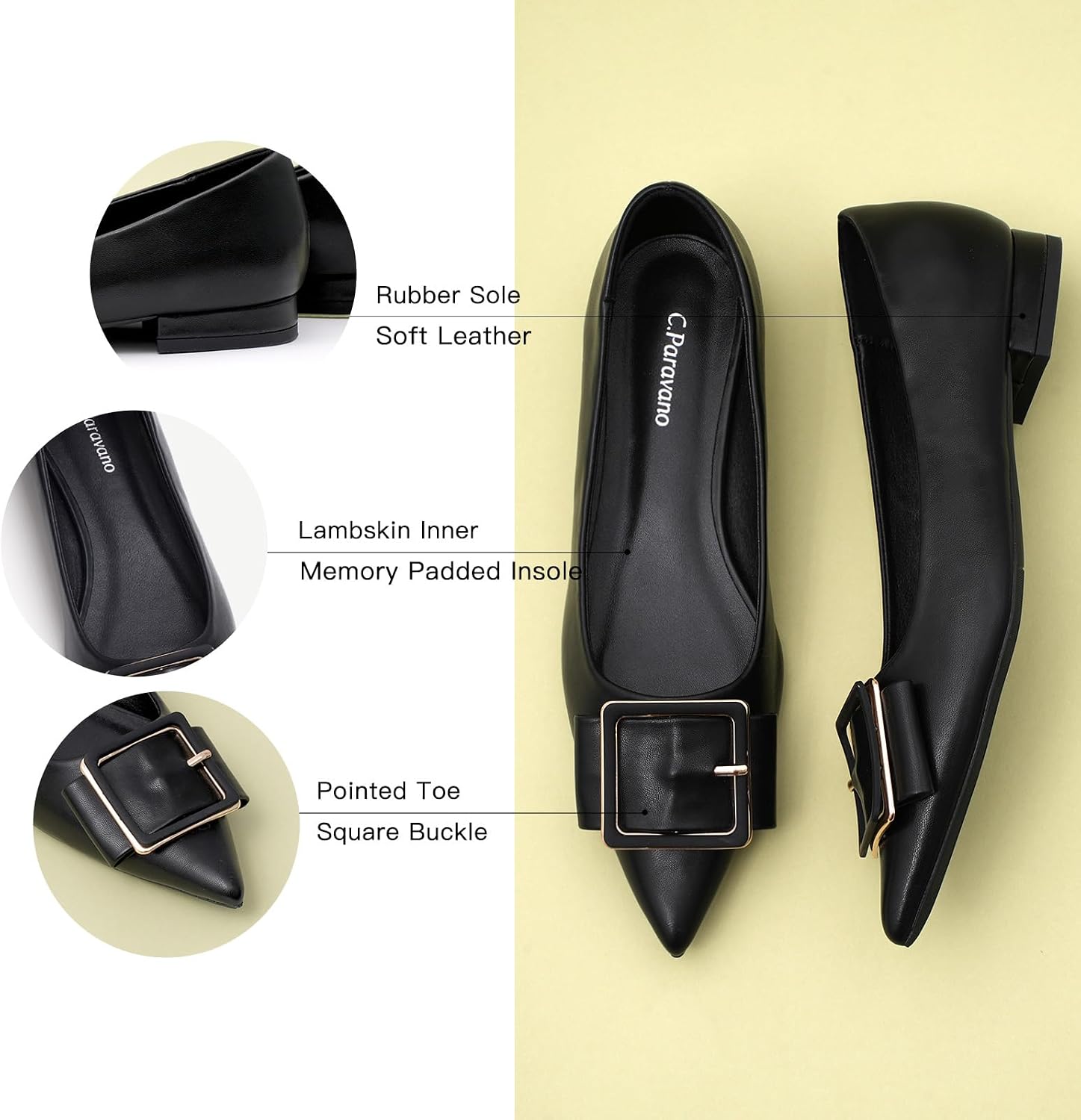 Neutral pointed-toe square buckle ballet flats with slip-on design, displayed on a neutral background — view 2