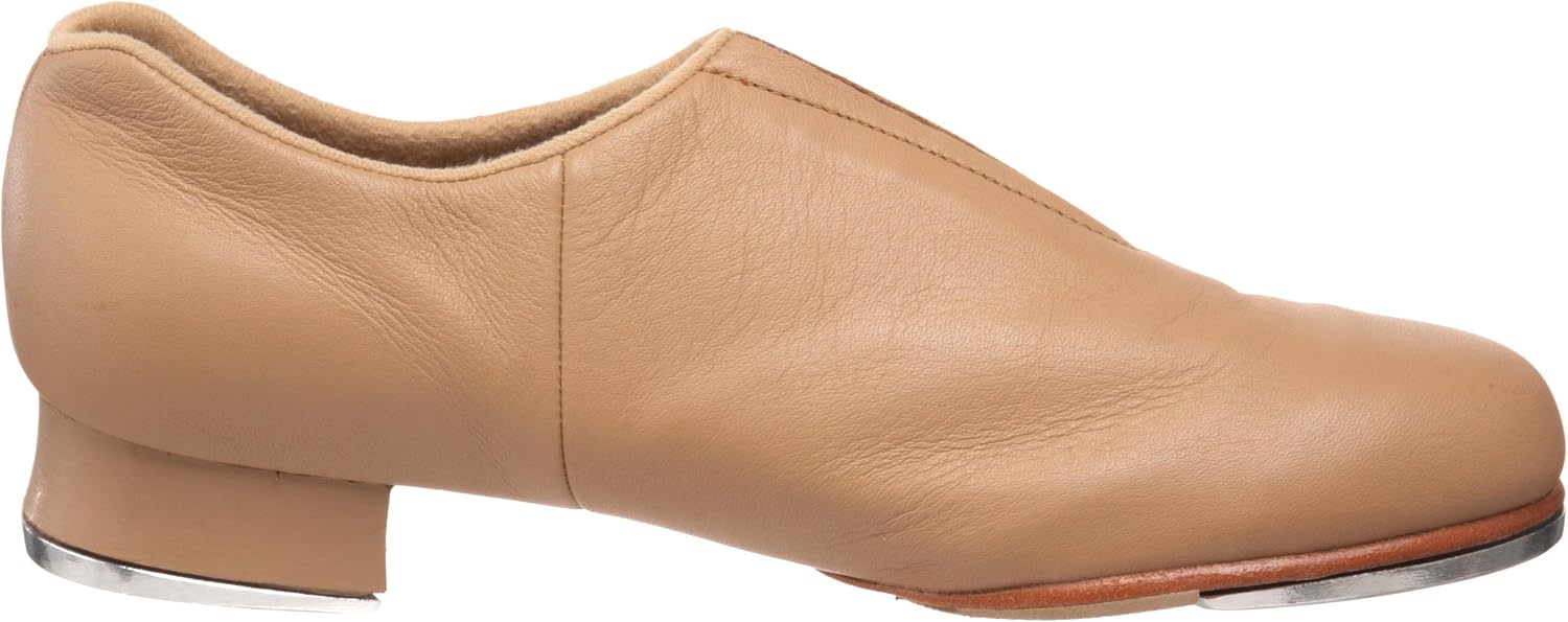 Black leather slip-on tap shoe with flexible sole, displayed on white background — view 3