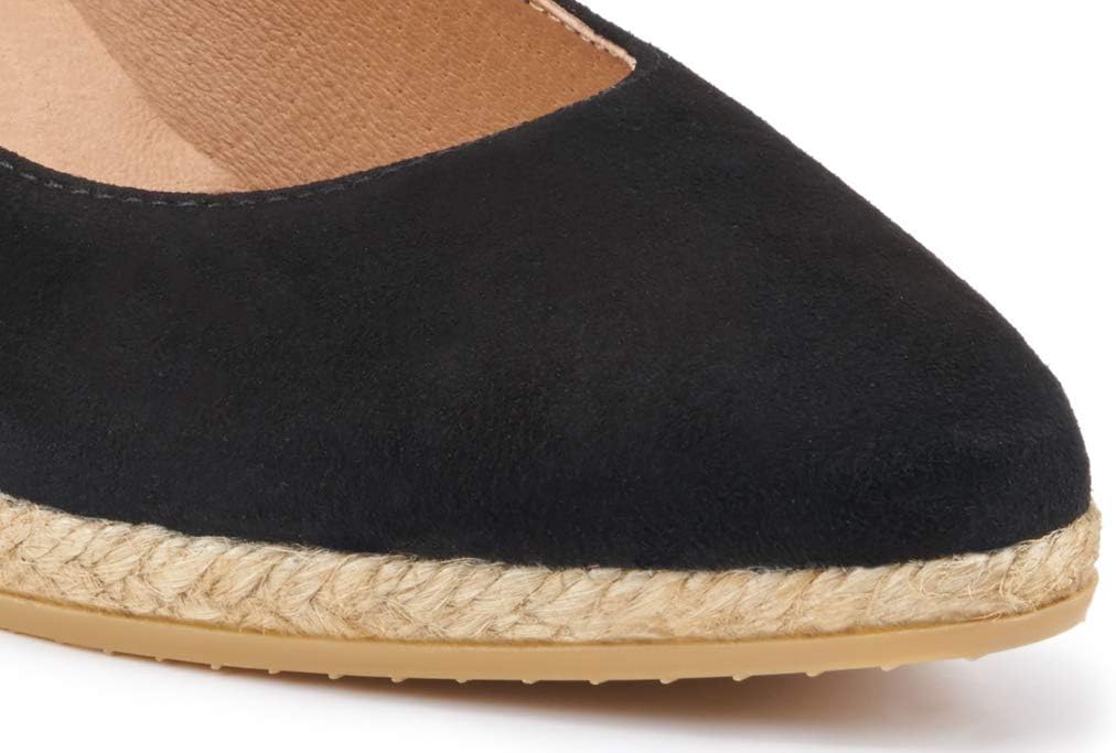 Neutral suede espadrille wedge sandal with natural jute midsole and 2.5-inch heel, shown from the side โ view 3