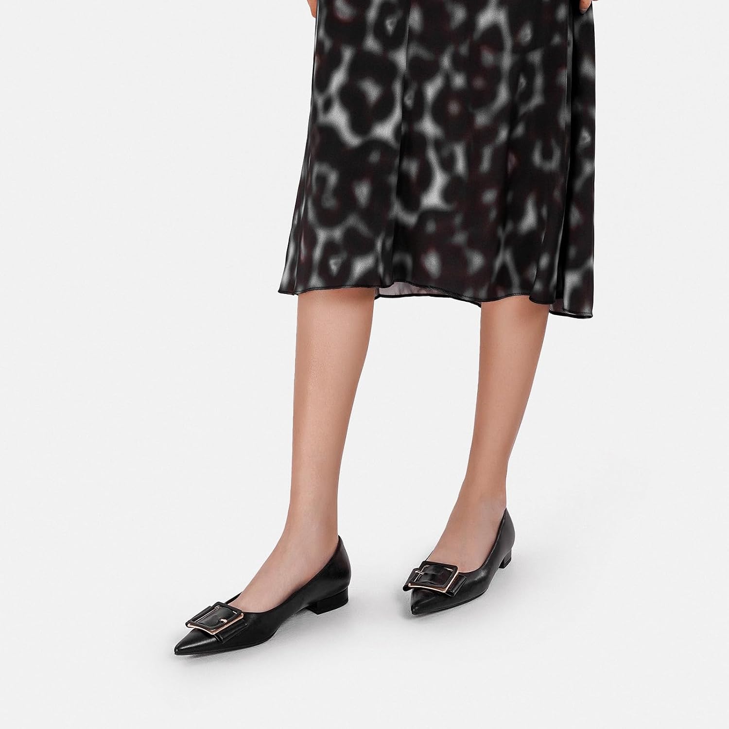 Neutral pointed-toe square buckle ballet flats with slip-on design, displayed on a neutral background — view 3