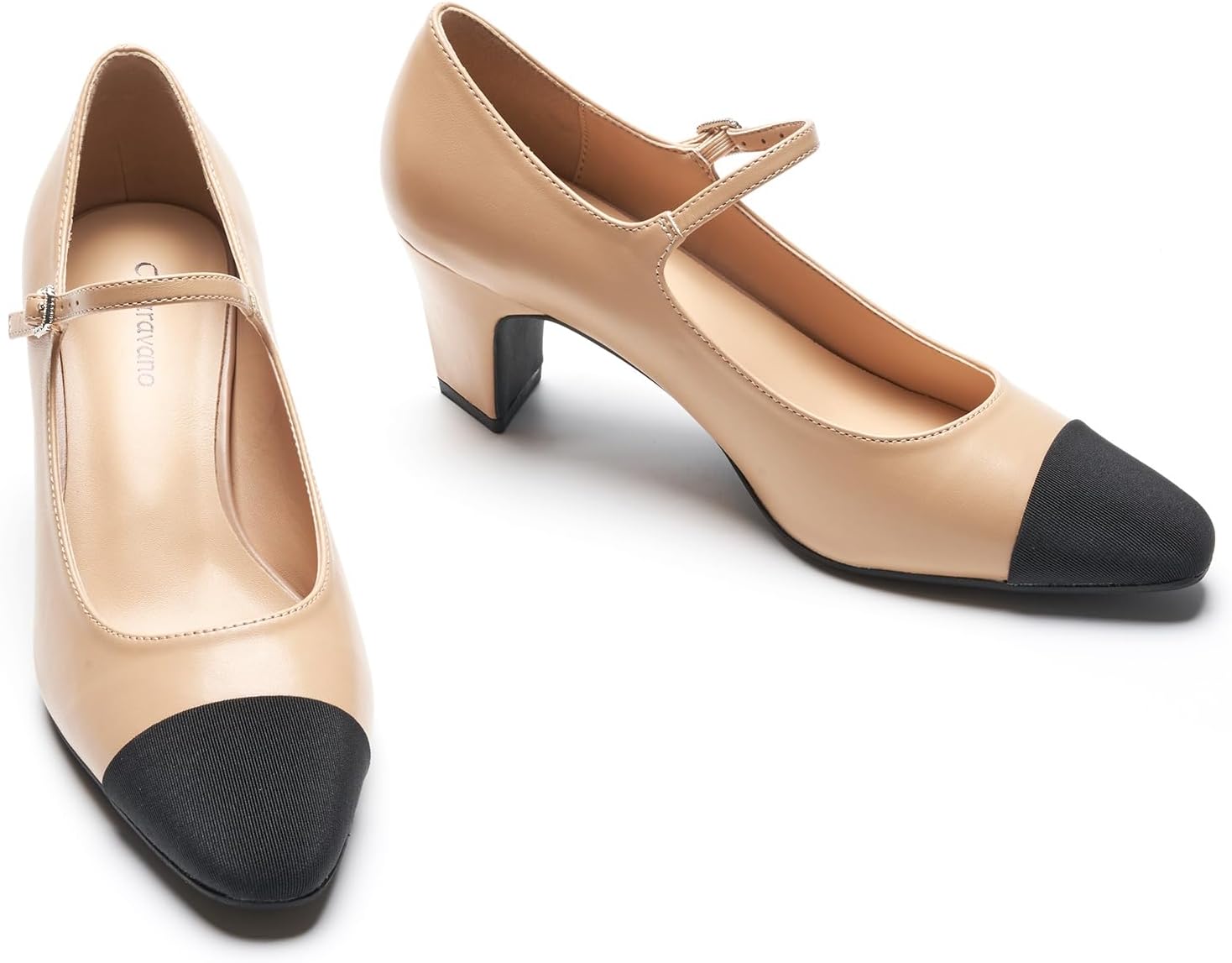 Neutral chunky heel pumps with closed round toe design, featuring a low heel and classic silhouette suitable for work and casual wear — view 3
