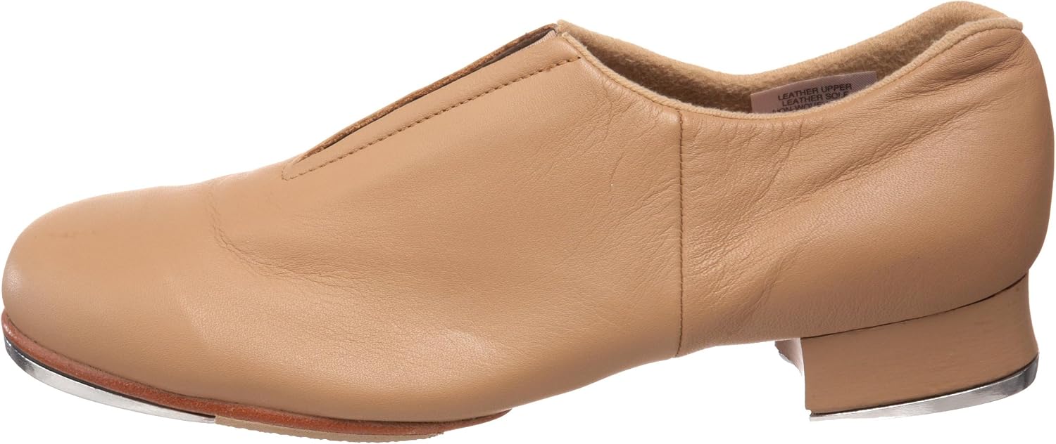 Black leather slip-on tap shoe with flexible sole, displayed on white background — view 4