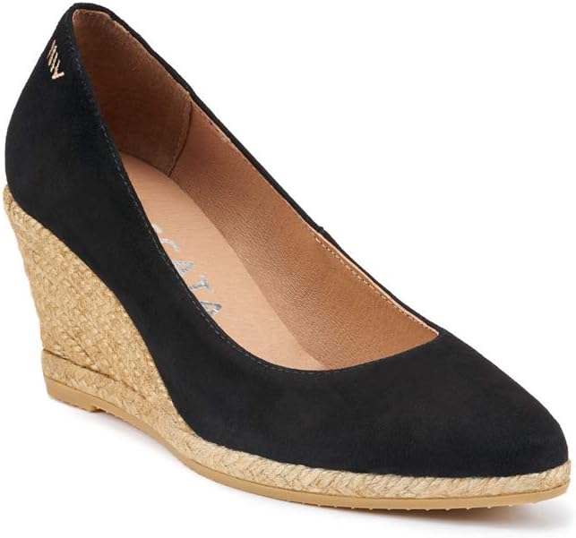 Neutral suede espadrille wedge sandal with natural jute midsole and 2.5-inch heel, shown from the side โ view 4