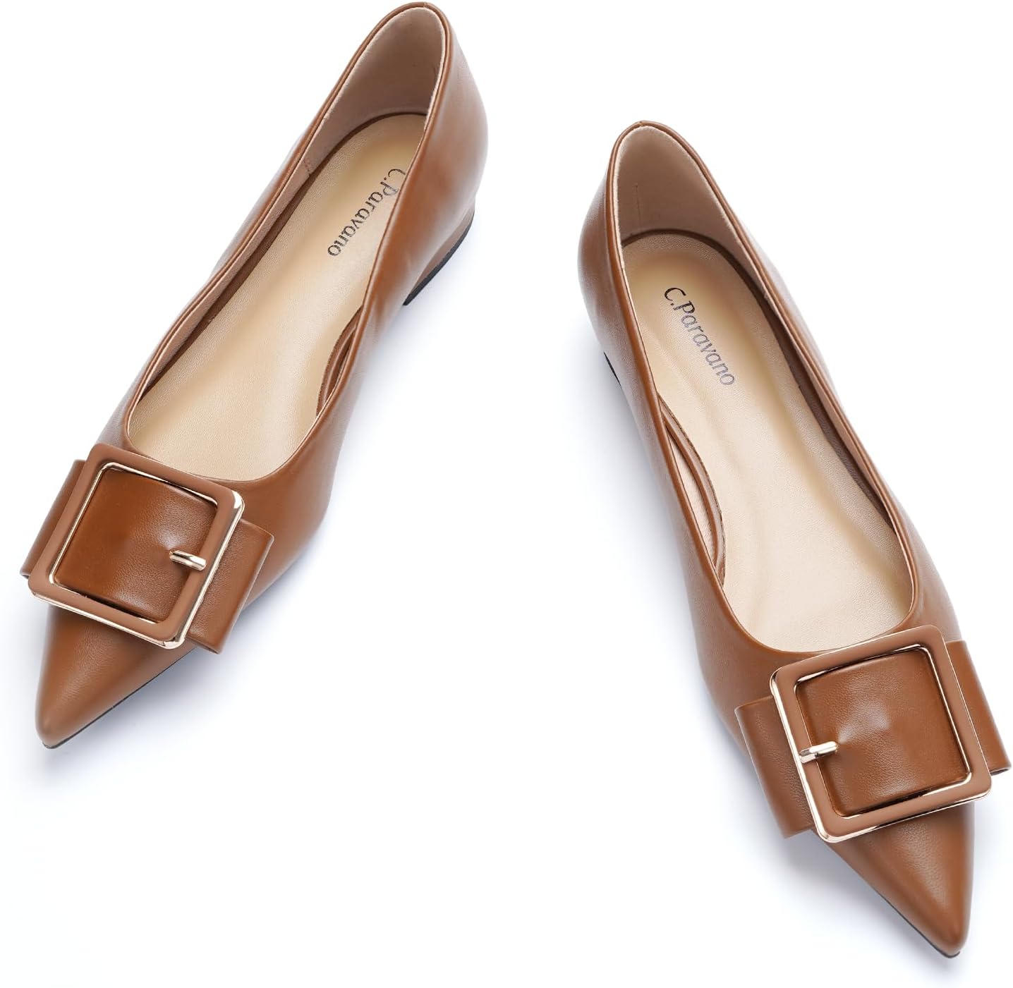 Neutral pointed-toe square buckle ballet flats with slip-on design, displayed on a neutral background — view 4