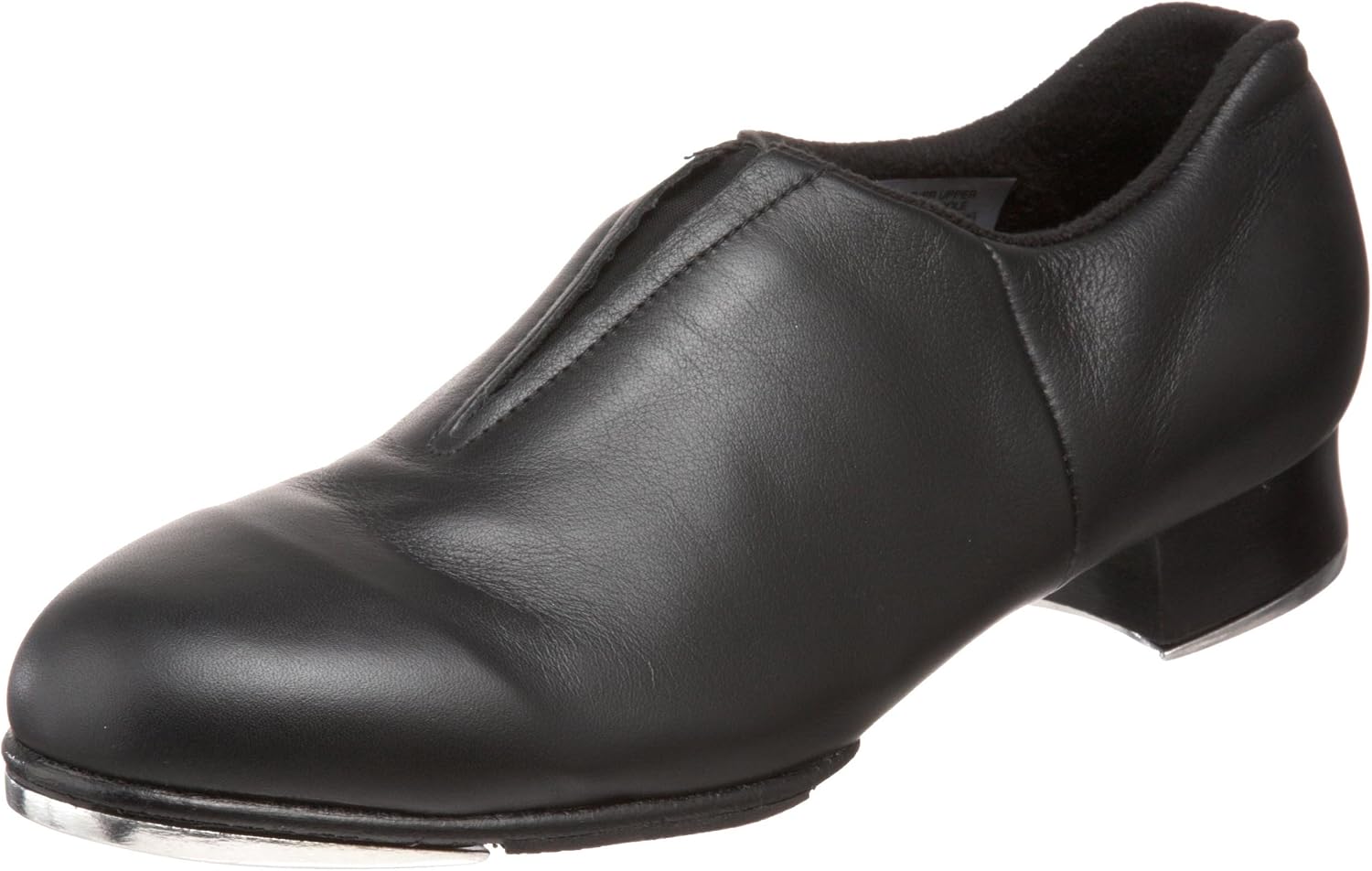 Black leather slip-on tap shoe with flexible sole, displayed on white background — view 5